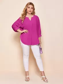 SHEIN LUNE Plus Notched Neck Curved Hem Top - Hot Pink - View 3