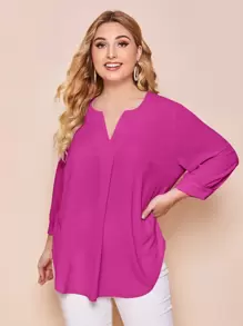 SHEIN LUNE Plus Notched Neck Curved Hem Top - Hot Pink - View 5