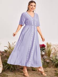 SHEIN Plus Floral Embroidered Dress - Lilac Purple - View 5