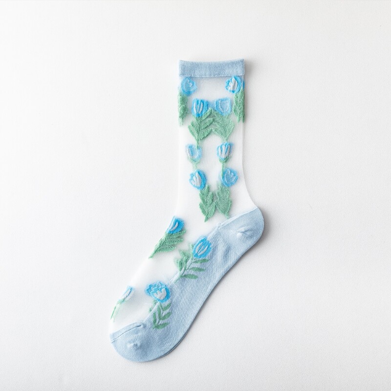 

1pair Flower Crew Socks, Blue