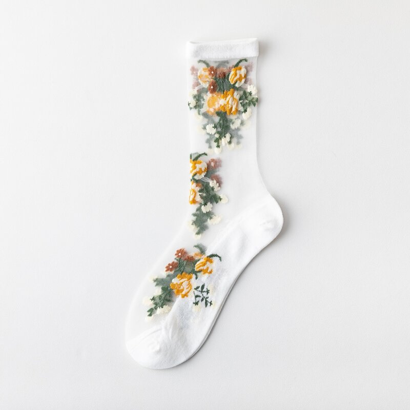 

1pair Flower Crew Socks, White