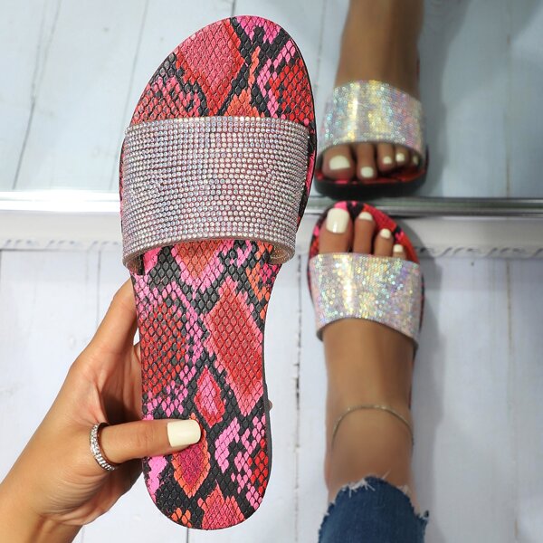

Rhinestone Decor Snakeskin Print Slides, Hot pink