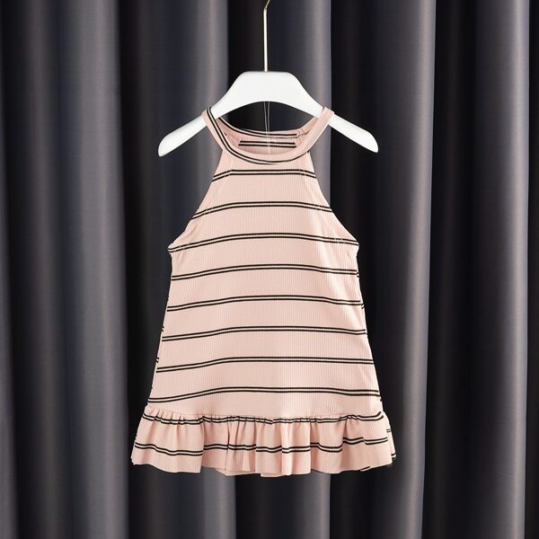 

Toddler Girls Striped Ruffle Hem Dress, Coral pink