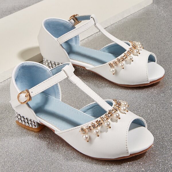 

Girls Rhinestone & Faux Pearl Decor Sandals, White