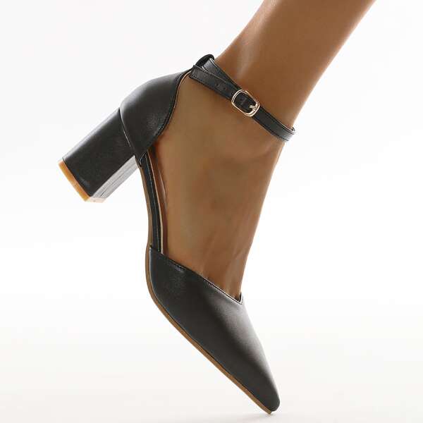 

Point Toe Ankle Strap Chunky Pumps, Black