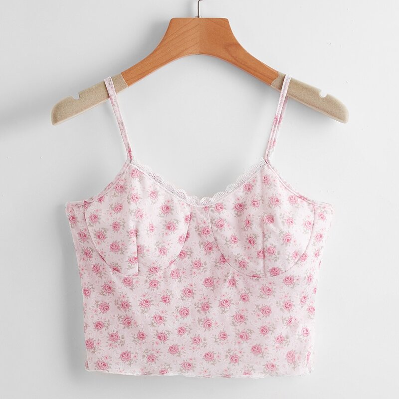 

Ditsy Floral Contrast Lace Crop Cami, Pink