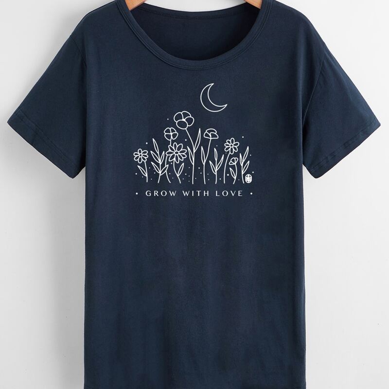 

Slogan Floral Graphic Tee, Navy blue