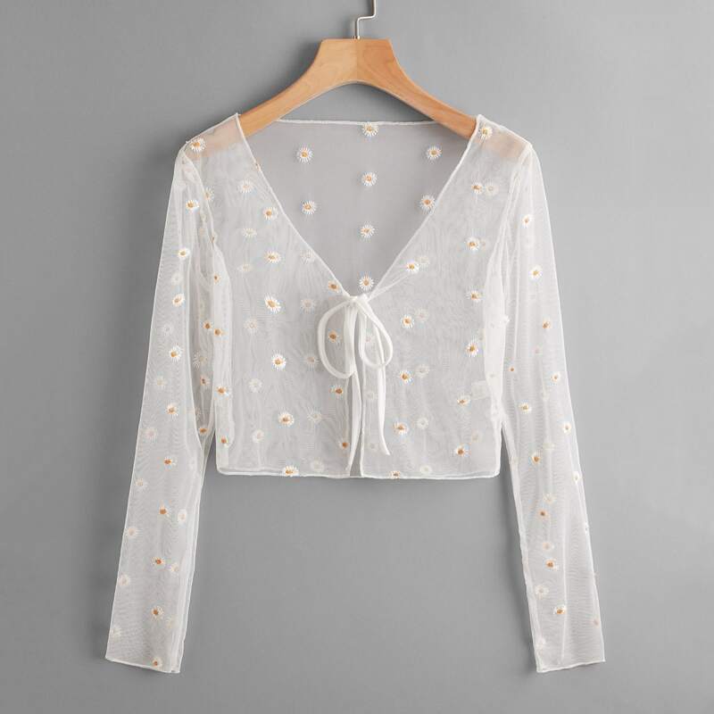 

Daisy Embroidery Tie Front Mesh Top, White