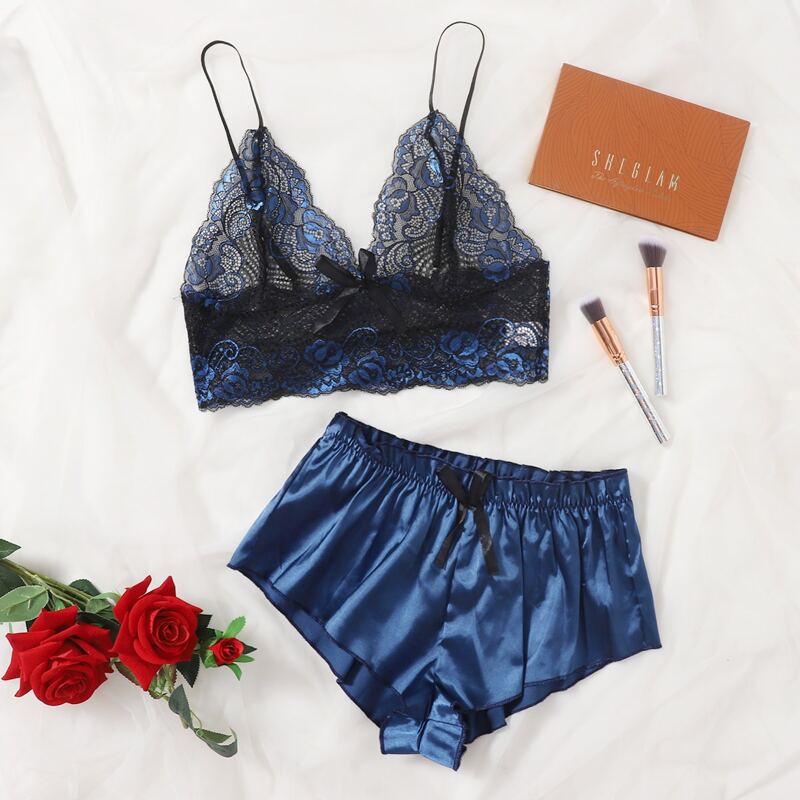 

Floral Lace Bralette With Satin Shorts, Navy blue