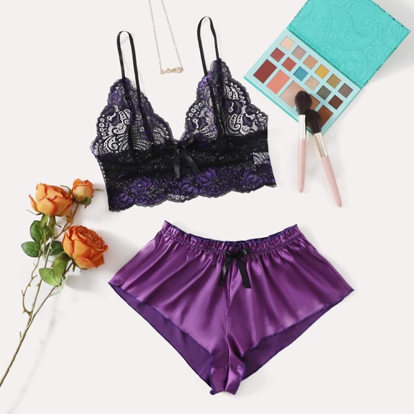 

Floral Lace Bralette With Satin Shorts, Purple
