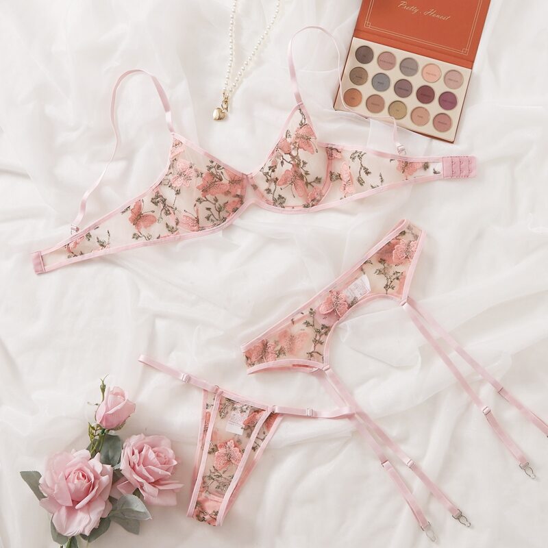 

Embroidered Mesh Garter Lingerie Set, Baby pink
