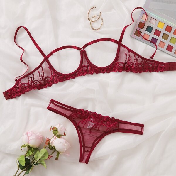 

Embroidered Mesh Cut Out Underwire Lingerie Set, Burgundy