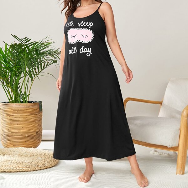 

Plus Slogan Graphic Cami Nightdress, Black