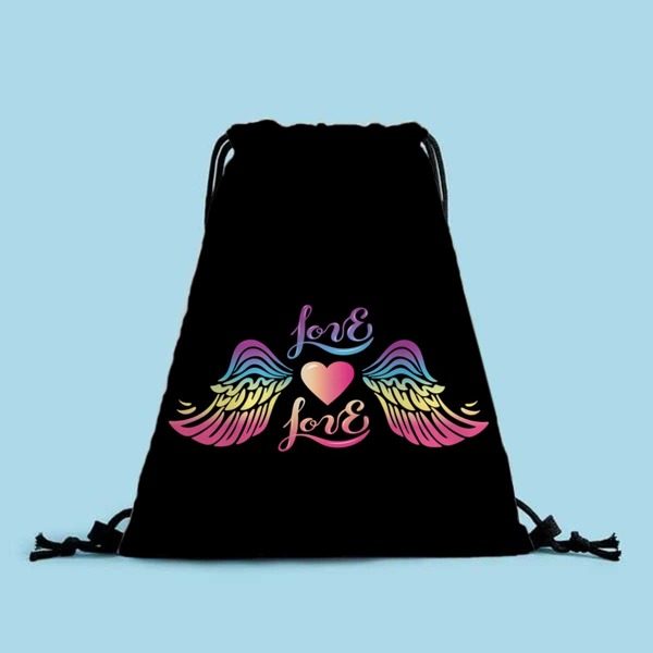

Colorful Wing Graphic Drawstring Backpack, Black
