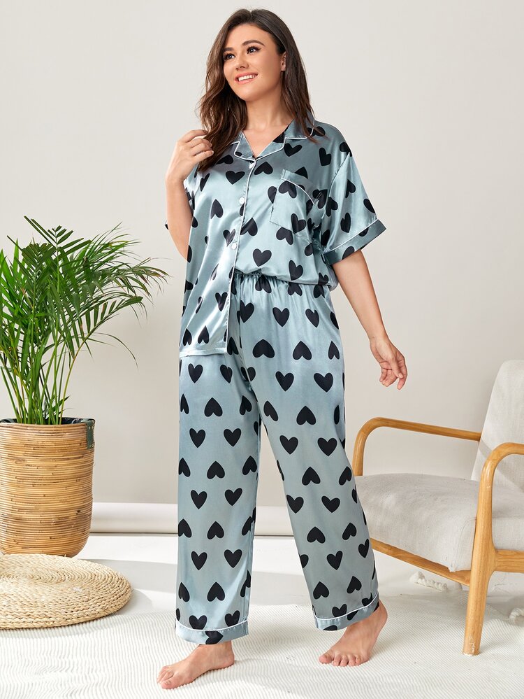 Plus Satin Allover Heart Print PJ Set - Blue - View 1