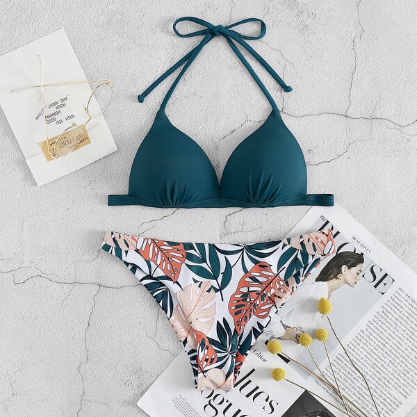 

Tropical Halter Triangle Bikini Swimsuit, Multicolor