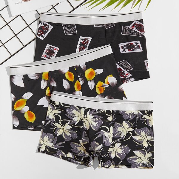 

Men 3pcs Playing Card & Floral Print Boxer Brief, Multicolor