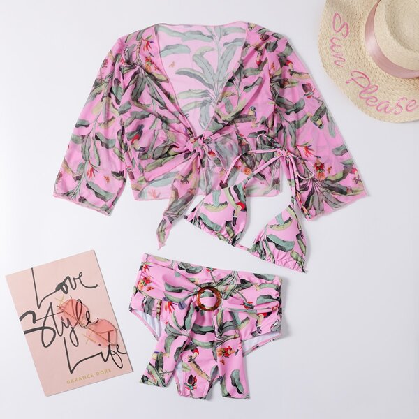 

3pack Plant Print Triangle Bikini Swimsuit & Kimono, Multicolor