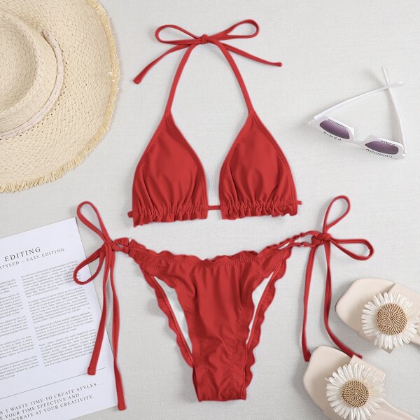 

Plus Lettuce Trim Triangle Tie Side Bikini Swimsuit, Red