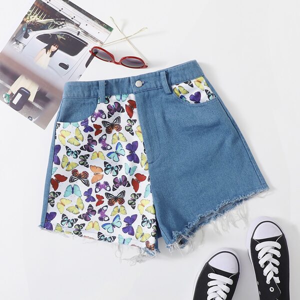 

Butterfly Print Raw Hem Denim Shorts, Multicolor