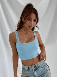 Aveloria Solid Ribbed Crop Tank Top - Blue - View 5