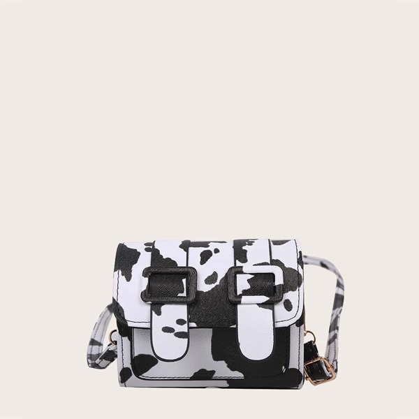 

Girls Cow Print Buckle Decor Crossbody Bag, Black and white