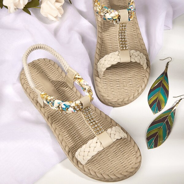 

Rhinestone Decor Braided Design Strappy Sandals, Beige