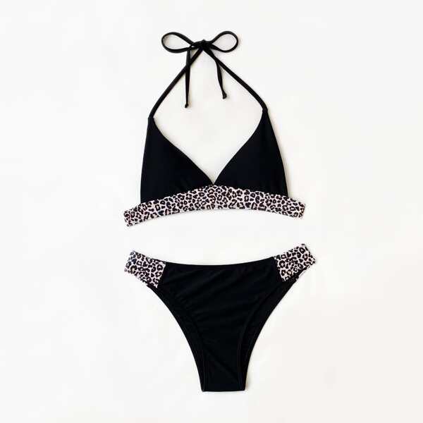 

Contrast Leopard Halter Triangle Bikini Swimsuit, Black