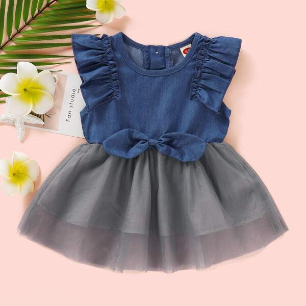 

Baby Girl Contrast Mesh Bow Front Denim Dress, Multicolor