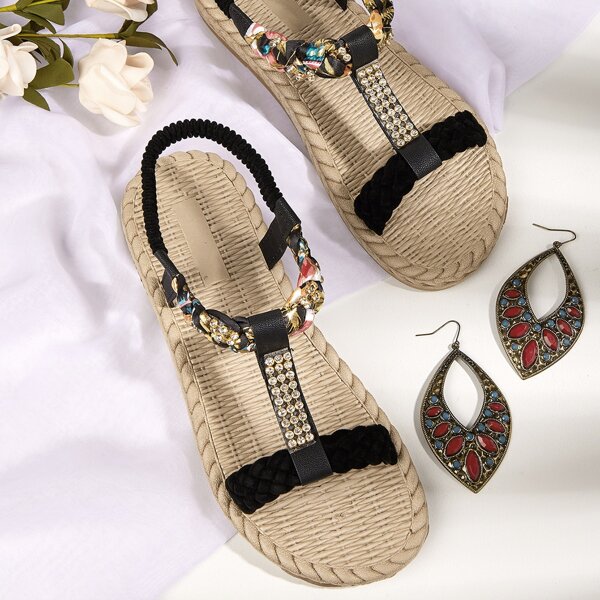 

Rhinestone Decor Braided Design Strappy Sandals, Black