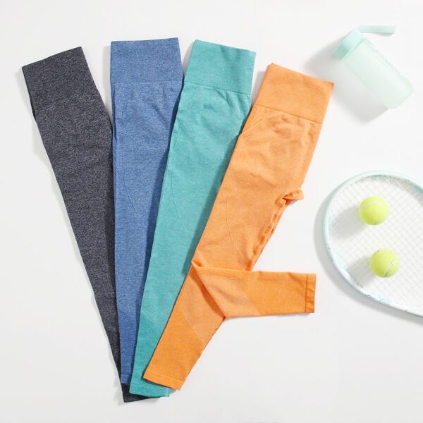 

4pcs Wide Band Waist Sports Leggings, Multicolor