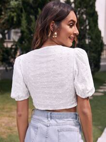泡泡袖網眼刺繡上衣 - 白色 - 查看 2