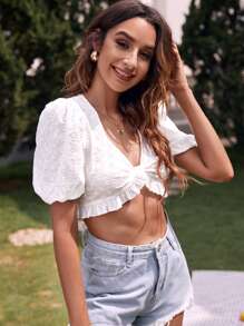 泡泡袖網眼刺繡上衣 - 白色 - 查看 4