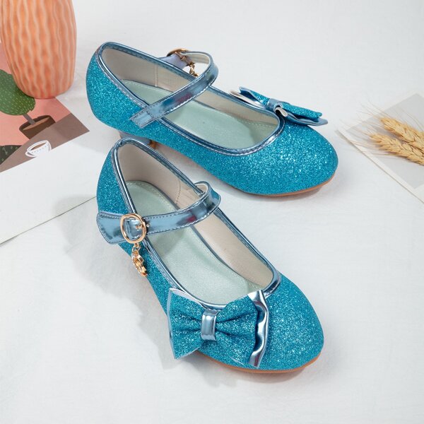 

Girls Bow Decor Glitter Mary Janes, Blue