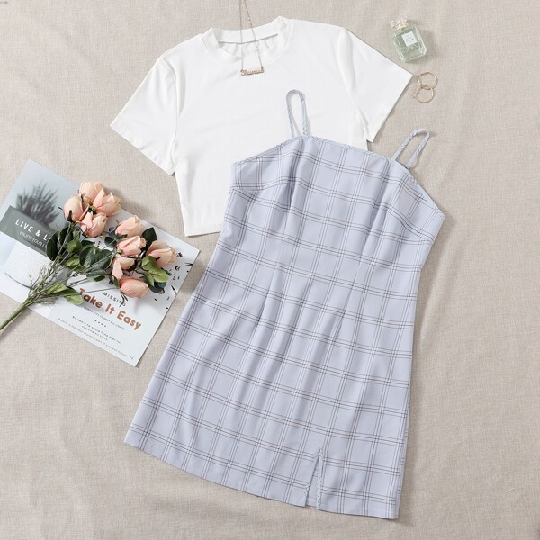

Plus Crop Tee With Plaid Cami Dress, Blue and white