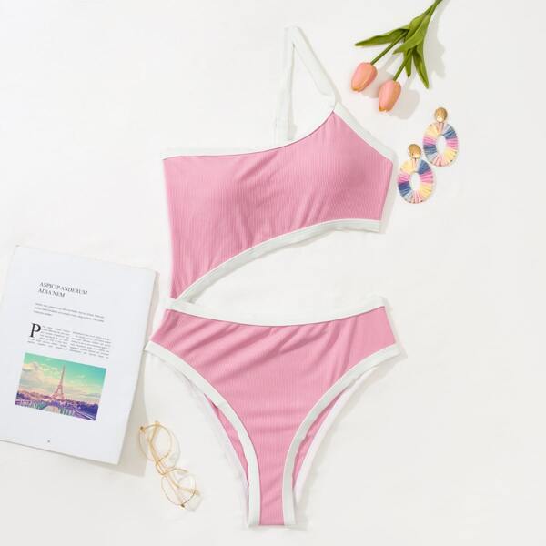 

Contrast Binding One Piece Swimsuit, Pink