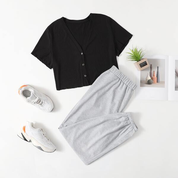

Plus Button Up Top With Sweatpants, Multicolor