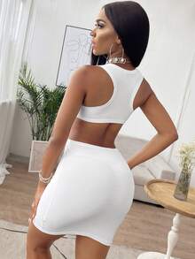 Cut Out Waist Bodycon Dress - White - View 2
