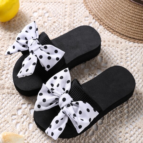 

Toddler Girls Polka Dot Bow Decor Slides, Black and white