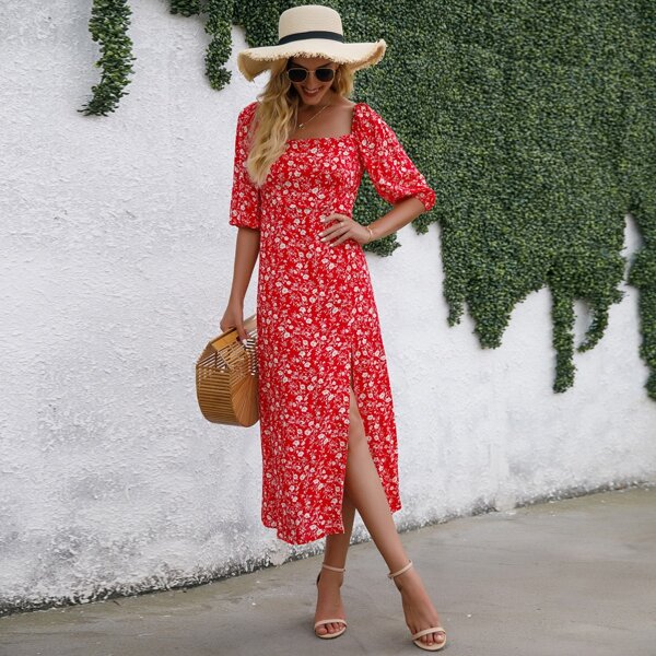 

Ditsy Floral Lantern Sleeve Dress, Red