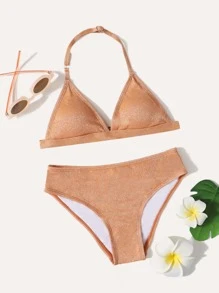 Conjunto de bikini triangular para niña preadolescente, para el verano y la playa - Caqui - Ver 1