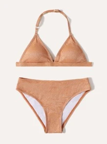 Conjunto de bikini triangular para niña preadolescente, para el verano y la playa - Caqui - Ver 4
