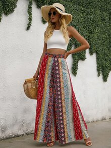 SHEIN LUNE Daisy Floral Wide Leg Pants - Multicolor - View 3