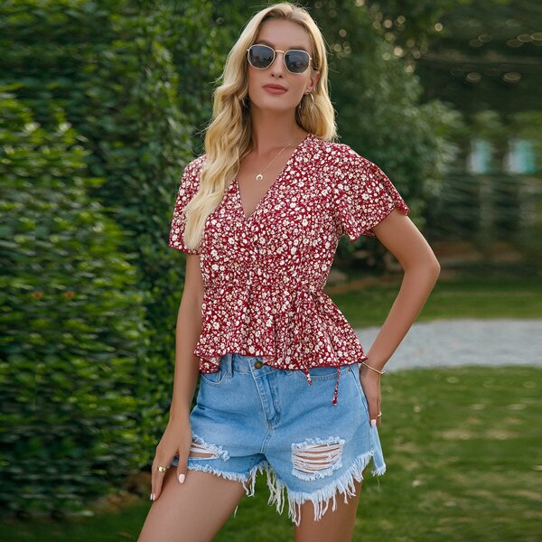 

Ditsy Floral Peplum Top, Red and white