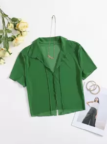 SHEIN EZwear Lettuce Trim Solid Mesh Top - Green - View 1