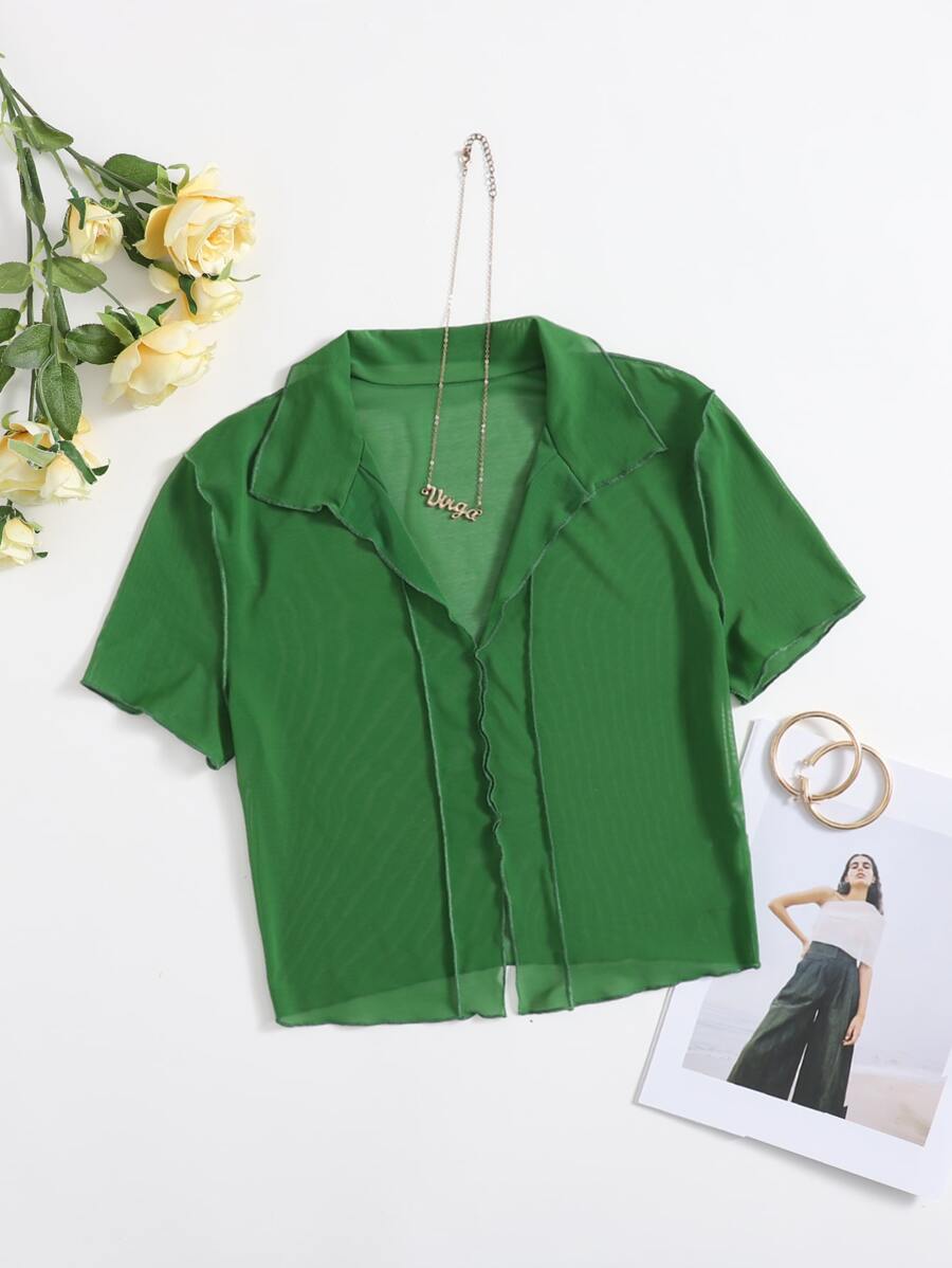 SHEIN EZwear Lettuce Trim Solid Mesh Top - Green - View 1