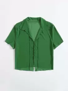 SHEIN EZwear Lettuce Trim Solid Mesh Top - Green - View 5