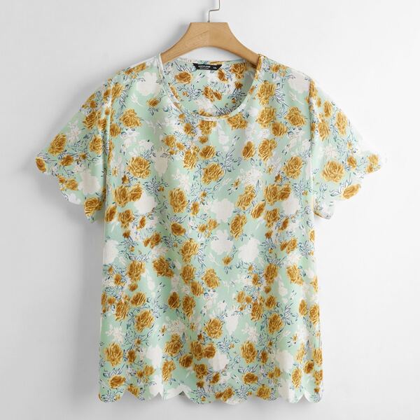 

Plus Floral Round Neck Blouse, Multicolor