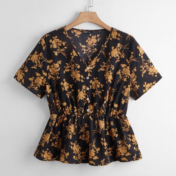 

Plus Floral Button Half Peplum Blouse, Multicolor