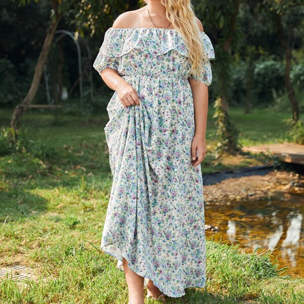 

Plus Off-shoulder Allover Floral Maxi Dress, Multicolor